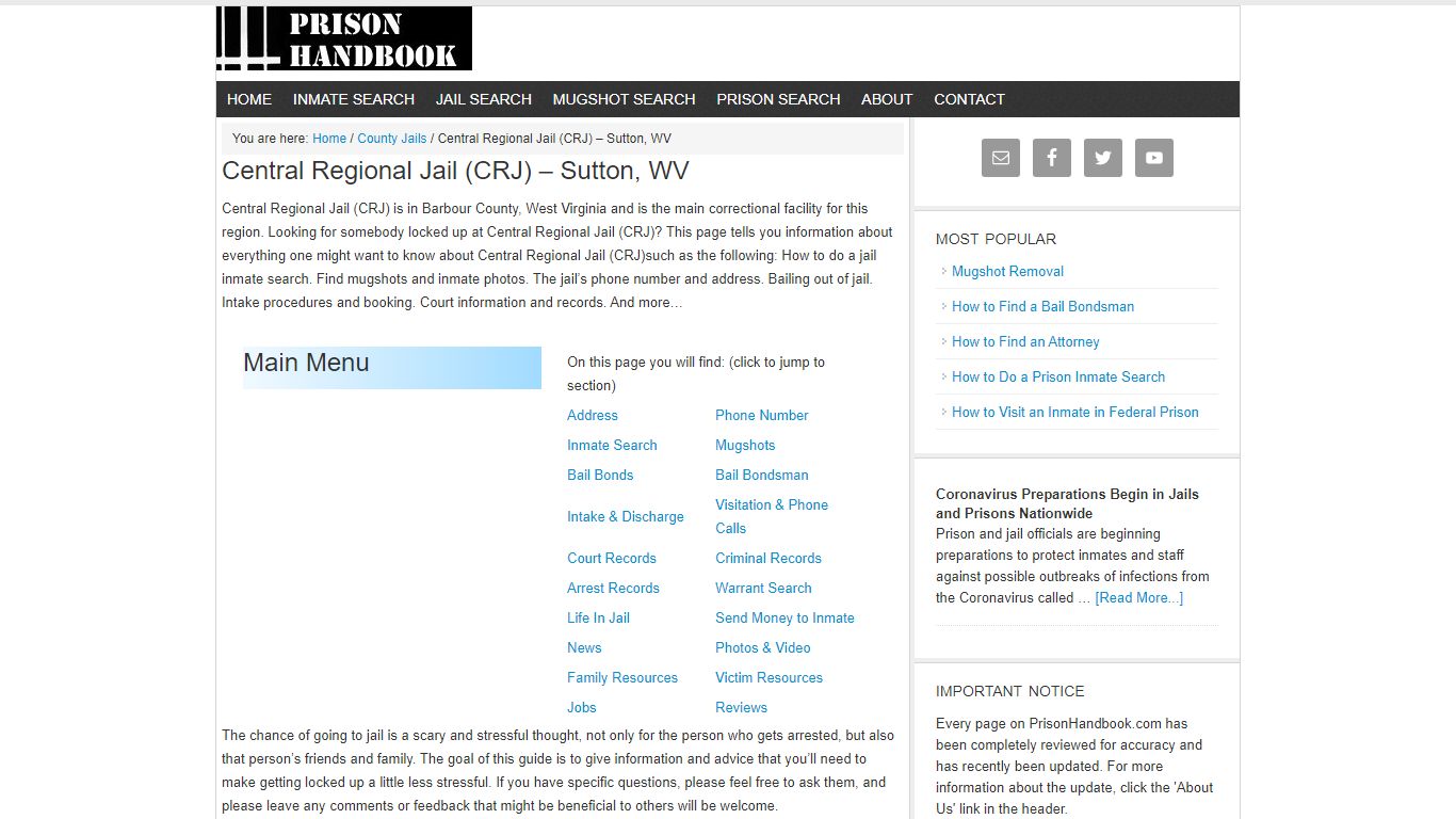 Central Regional Jail (CRJ) – Sutton, WV - Prison Handbook